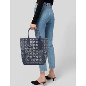 NWT TORY BURCH Navy Tote Bag Laser Cut-Out Blue PVC Vegan w/Luggage Tag